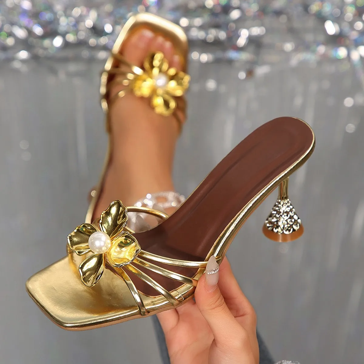 Summer Clothing Sale - Vintage Metal Flower Crystal Cone Heel