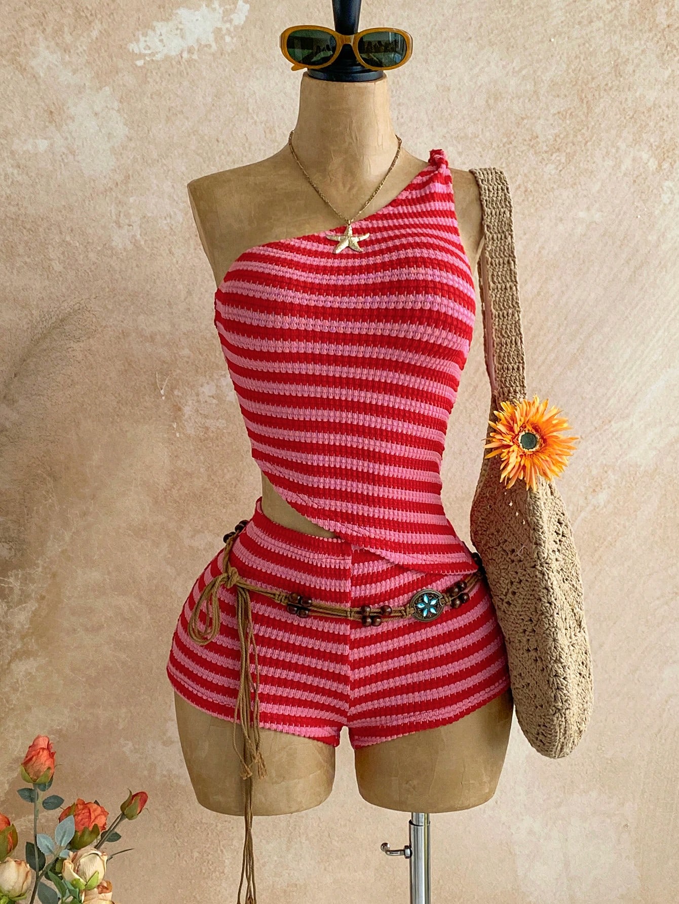 Summer Vacation Clothing Women - Women's Pink Striped Bohemian Two-Piece Set
