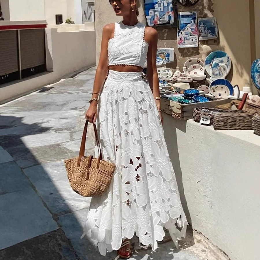 Summer Vacation Clothing Women - Women's White Floral Lace Embroidery 2