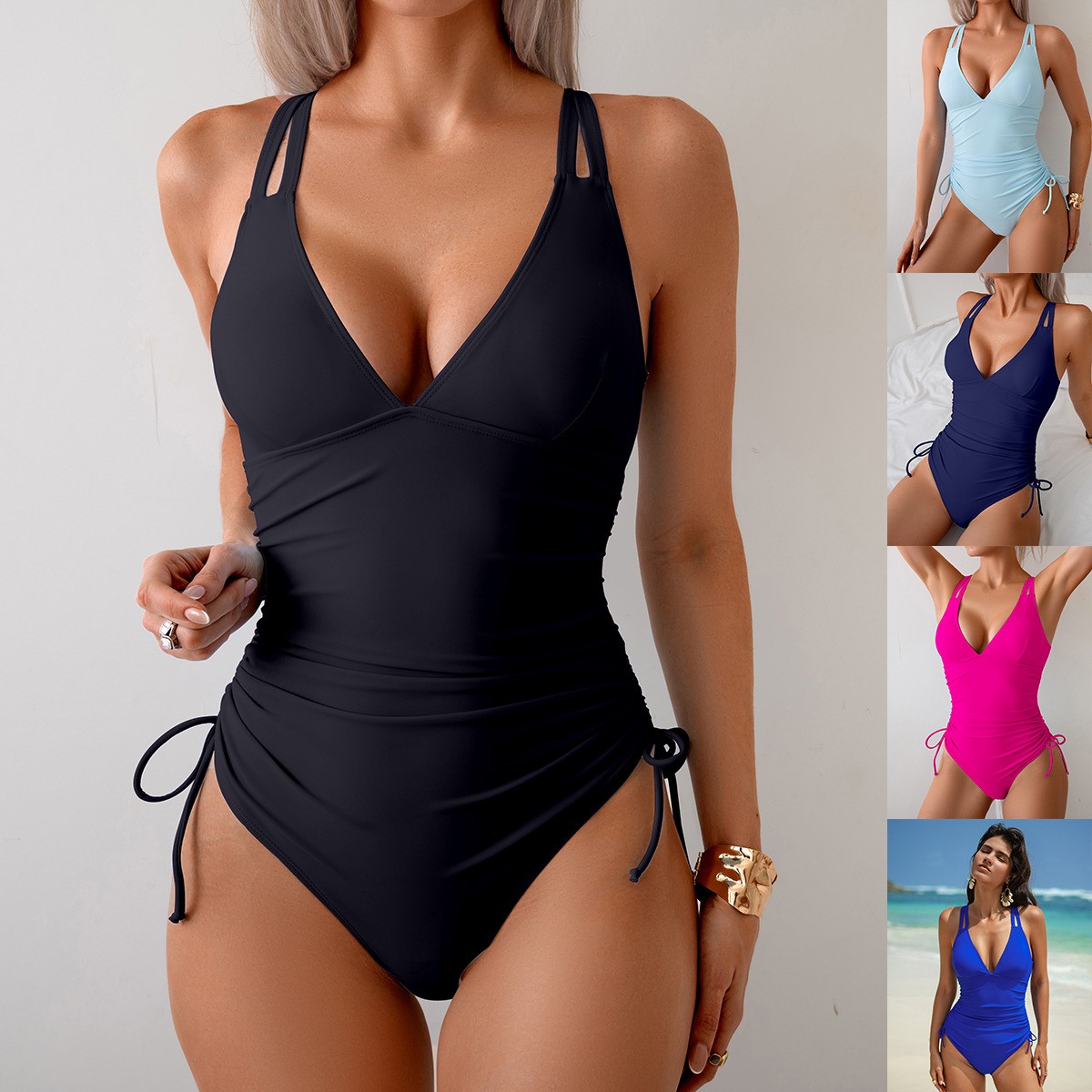 Solid Black Swimsuit V Neck Ru - Swimsuit One Piece recension och pris